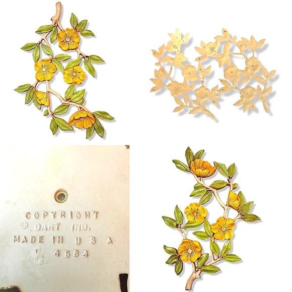 Large Vintage dart Syroco yellow and green cherry blossom wall décor - Picture 2 of 10